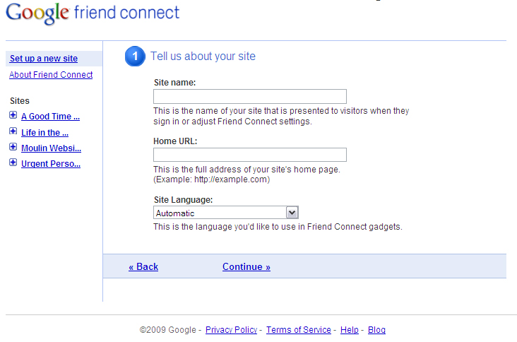 Add your site details and language choice